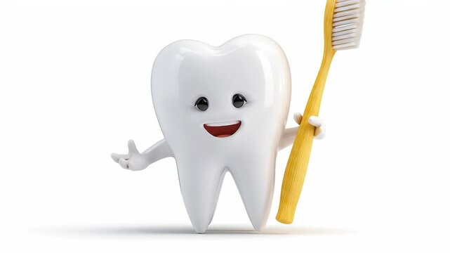 Smiling Cartoon Tooth Holding Toothbrush on White Background