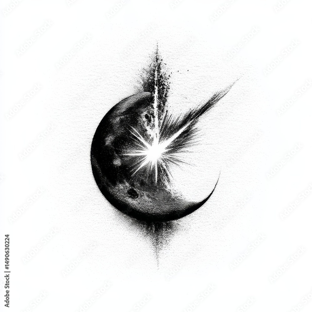 Aufkleber celestial collision: a stippled moon eclipsed by a burst of light, fragmenting into cosmic dust