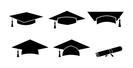 Graduation hat icon, mortarboard cap symbol and scroll sign paper isolated background set.