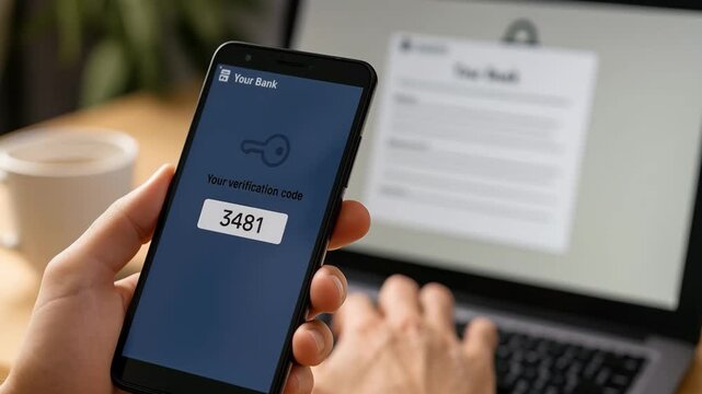 Secure Login with Two Factor Authentication, Ultra-Realistic Scene of Mobile Banking Verification Code and Cyber Security in 4K - Powered by Adobe