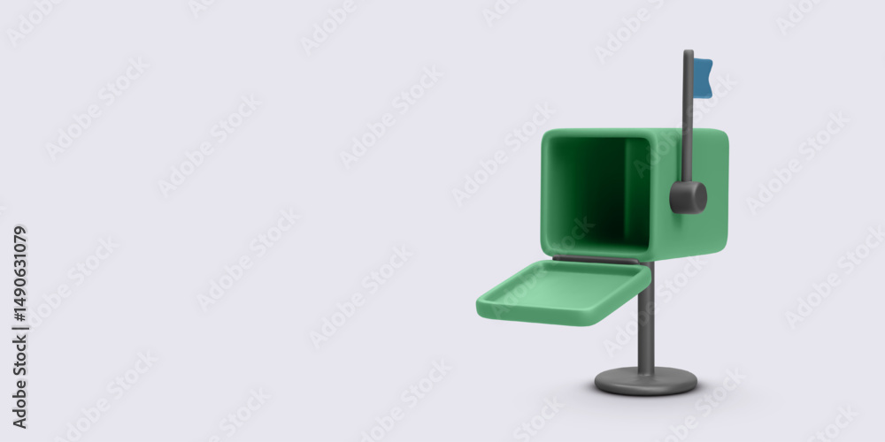 Poster mailbox icon in simple 3d style. empty postbox with raised flag for incoming mail concept on soft ba