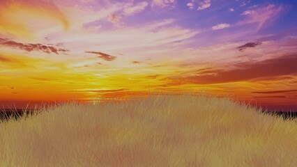 美しい朝焼け（夕焼け）と野原の3Dイラスト