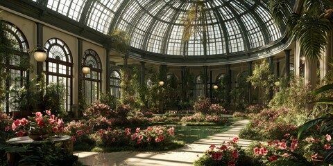 Lush Botanical Garden Interior with Vibrant Flowers and Natural Light Illuminating the Glass Structure