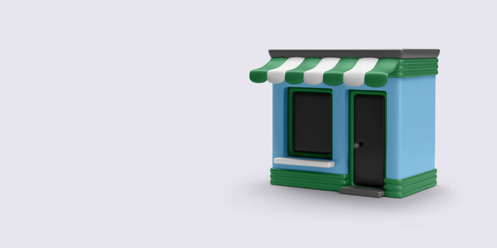 Shop Building Icon in 3D Cartoon Style. Small Retail Store with Green Awning and Blue Walls, Isolated on Light Background. Perfect for E-Commerce Projects. Vector Illustration.