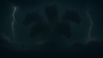 Epic Sea Battle Scene: Silhouette of Five-Headed Hydra Facing a Ship in Thunderstorm