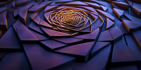 Close-up of layered spiral geometry in deep purple tones with glowing orange edges. Symbol of fractals and infinity.