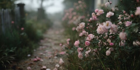 Obraz premium Serene Pathway Lined with Soft Pink Roses in a Misty Garden Setting at Dawn