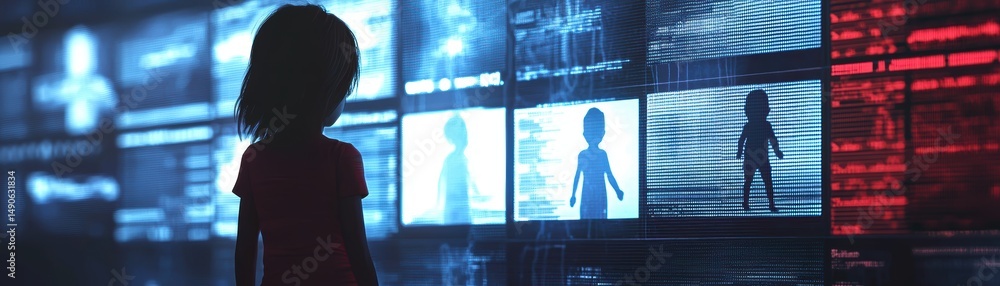 Poster a child stands in front of digital screens displaying silhouettes and data in a futuristic, high-tec