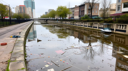 A polluted urban canal with visible contaminants