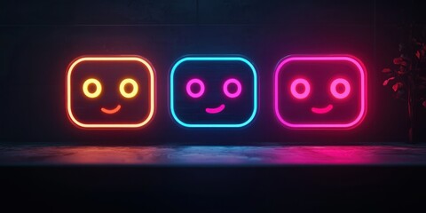 Tech-style review slider using 3D neon faces Stock photo