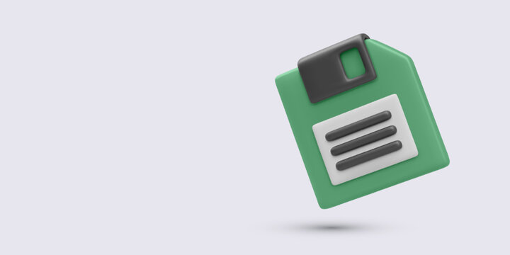 Save Icon Symbol. 3D Cartoon-Style Floppy Disk in Green and Gray With Shadow. Retro Tech Element for UI/UX, File Management, or Digital Archive Concepts. Vector Illustration