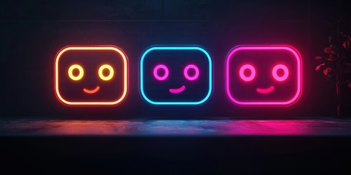 Tech-style review slider using 3D neon faces Stock photo