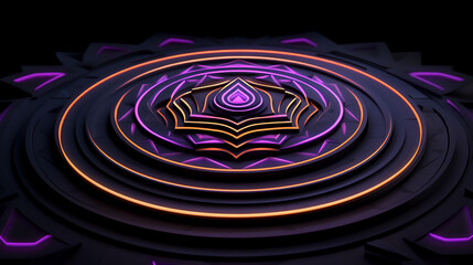 Radiant purple and orange mandala composed of layered glowing shapes. Represents energy, focus, and sacred patterns.