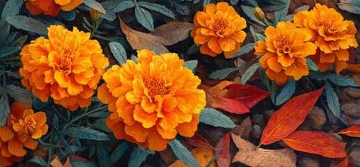 Fototapeta premium Vibrant Orange Marigold Flowers Surrounded by Autumn Leaves in a Garden Setting