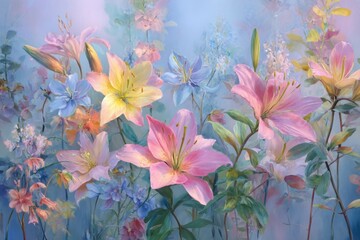 Colorful floral composition with lilies and blossoms in soft pastel hues and delicate botanical details
