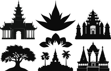 Obraz premium Cambodia Silhouette Design with Flag Map and Landmarks. Cambodia City Map Flower and Landscape Silhouette Design. Cambodia Silhouette Design for Cultural and Travel Projects