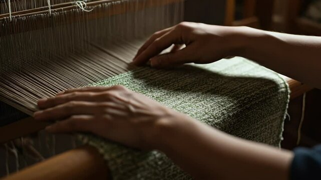 Hands skillfully weaving a green textile on a loom in a cozy workshop, with natural light illuminating the scene