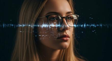 Young woman wearing glasses futuristic digital overlay technology innovation future concept