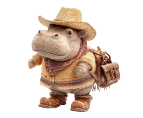 Happy hippo in cowboy attire ready for adventure, cut out transparent