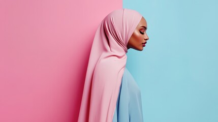 Profile of a woman in a pink hijab against a split pastel background, showcasing elegance