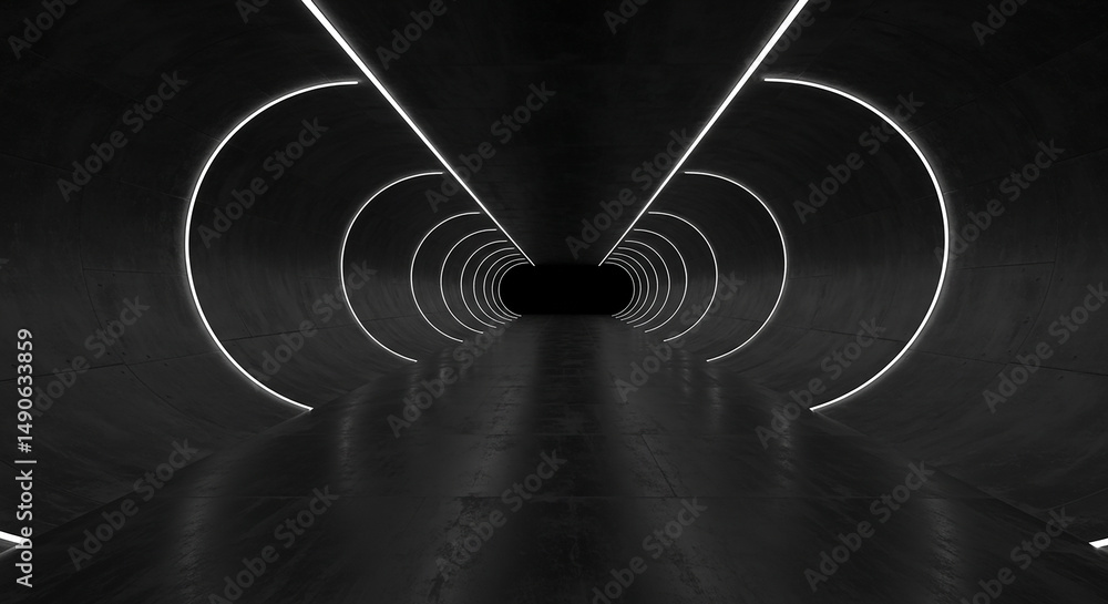 Poster futuristic tunnel with neon lights and dark walls. modern architecture with a perspective view. abst