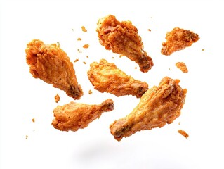 Crispy fried chicken wings with golden skin fragments floating in the air, isolated on a white background with top studio lighting, showcasing delicious texture, flavor, and motion in high detail.