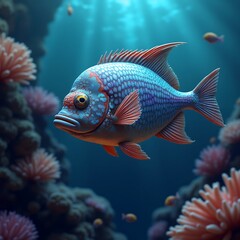 Fototapeta premium Oceanic Blue Fish: A Surreal Underwater Scene