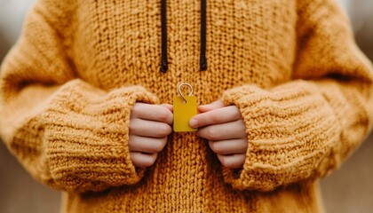 Hands holding yellow tag on mustard sweater