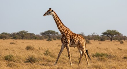 Elegant Giraffe Stride in Wild Savannah - A graceful giraffe walks across golden savanna grasslands, symbolizing freedom, elegance, nature, wildlife, and Africa