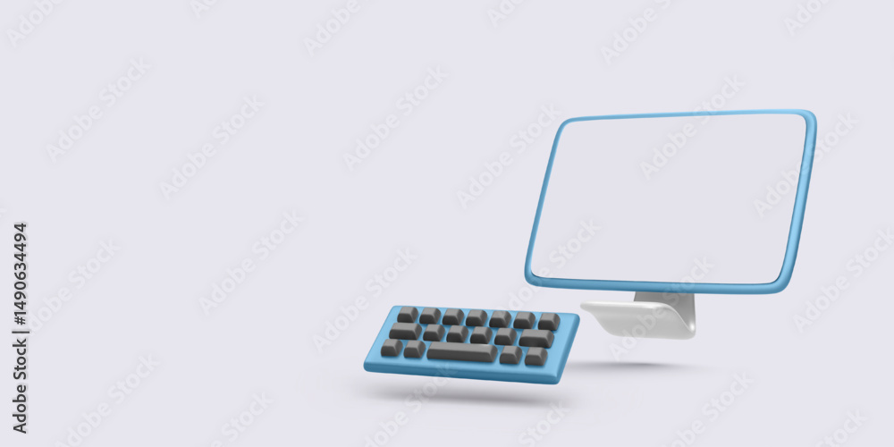 Poster desktop computer with keyboard in minimal 3d style. modern technology and digital workspace for offi