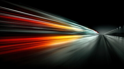 Dynamic motion blur of vibrant light trails on dark road, creating sense of speed and energy. glowing lines in red, orange, and white suggest fast movement