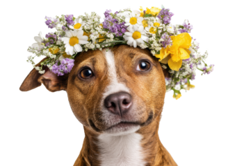 Dog wearing a floral crown for a spring celebration event, cut out transparent