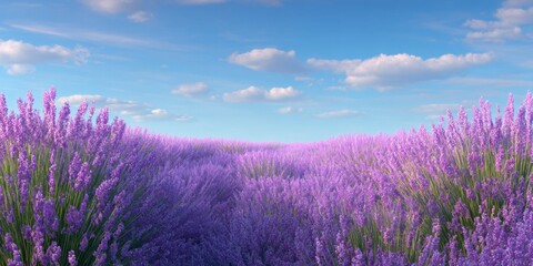 Fototapeta premium Beautiful expansive field of vibrant purple lavender flowers under a bright blue sky with fluffy clouds in peaceful rural setting