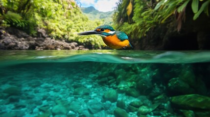 The rare Marquesan kingfisher soars above the crystal clear river, background wallpaper AI generated image