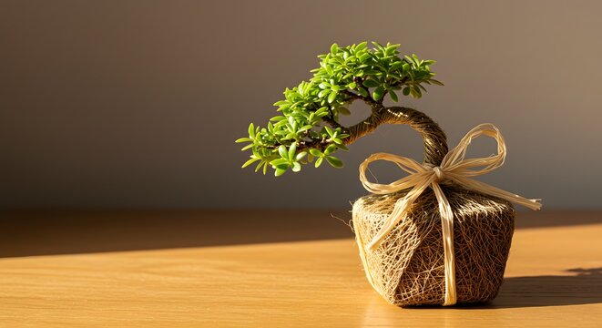 A small bonsai tree with a bow on a wooden surface in soft lighting