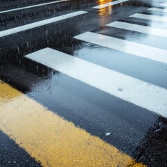 Wet crosswalk with yellow and white lines reflecting on a rainy street.