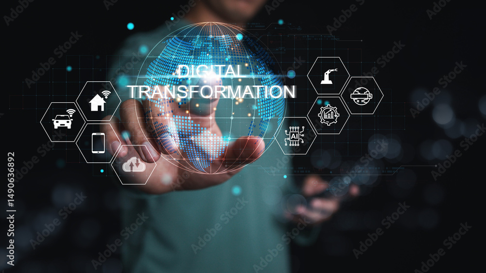 Poster digital transformation and digitalization technology concept on abstract background. iot, artificial