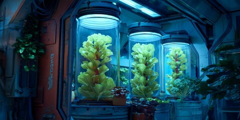 Futuristic Hydroponic Garden in a Sci-Fi Setting with Vibrant Green Lettuce Cultivated in Transparent Tanks