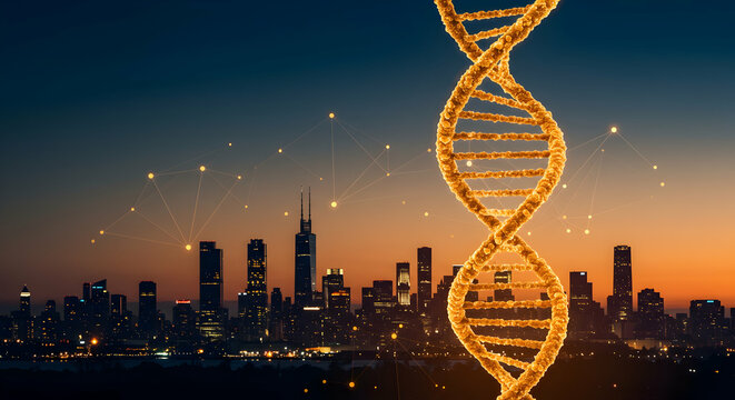 Glowing DNA Helix Over City Skyline at Night Futuristic Science Technology Concept - Powered by Adobe