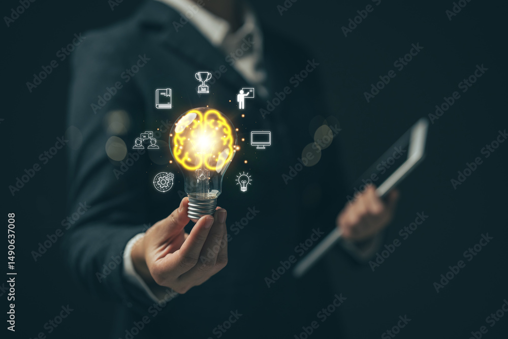 Poster e-learning graduate certificate program concept.woman holds a light bulb showing a brain icon. conce