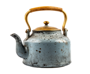 Rustic vintage kettle with wooden handle for decor, cut out transparent