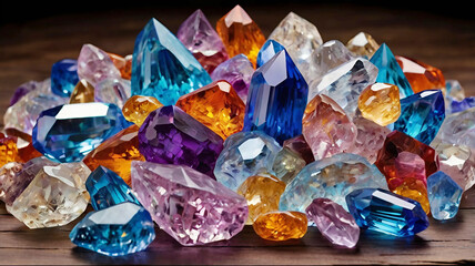 Vibrant Gemstones Collection Sparkling on Dark Wood Surface