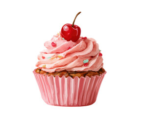 Delicious cherry cupcake with pink frosting and sprinkles, cut out transparent