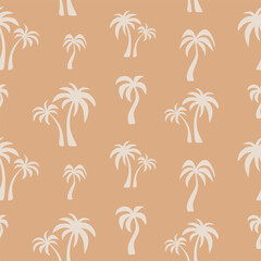 Hand drawn tropical palms Background in beige pastel colors. Palm tree silhouettes Seamless pattern. Great for summer textile print, fabric, organic packaging, travel vacation design, child themes