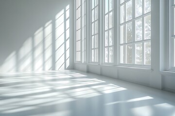 Bright and airy white interior room with large windows and natural light