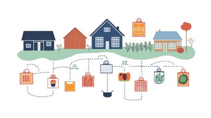 Fototapeta premium Illustration depicting a farm-to-table supply chain with traceable labels