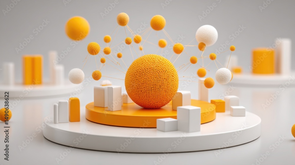 Poster sphere surrounded by smaller spheres representing decentralized wealth generation simulator in a con