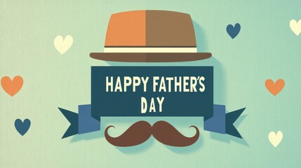 Father's Day Light Blue Textured Design, Brown Orange Hat with White Stripe, Dark Blue Banner "Happy Father's Day" White Text, Brown Mustache, Scattered Orange Blue White Hearts