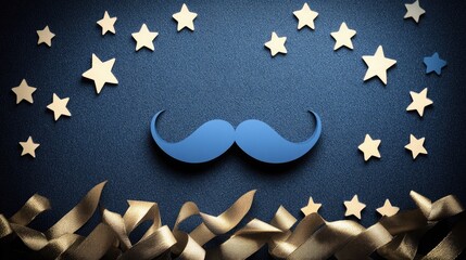 Father's Day Dark Blue Textured Design, Central Blue Mustache Shape with White & Light Blue Stars, Gold Ribbons Scattered, Minimalist Modern Style, Holiday Greeting Card Template