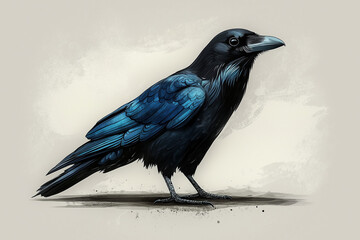 A raven with glossy black feathers and vibrant blue highlights stands poised, showcasing its unique plumage